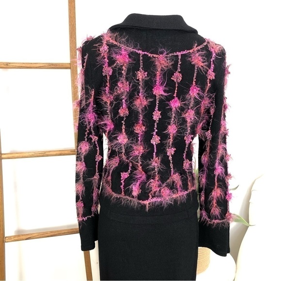 VINTAGE Egoiste black & pink feather blazer midi skirt suit size 4 - Picture 6 of 17